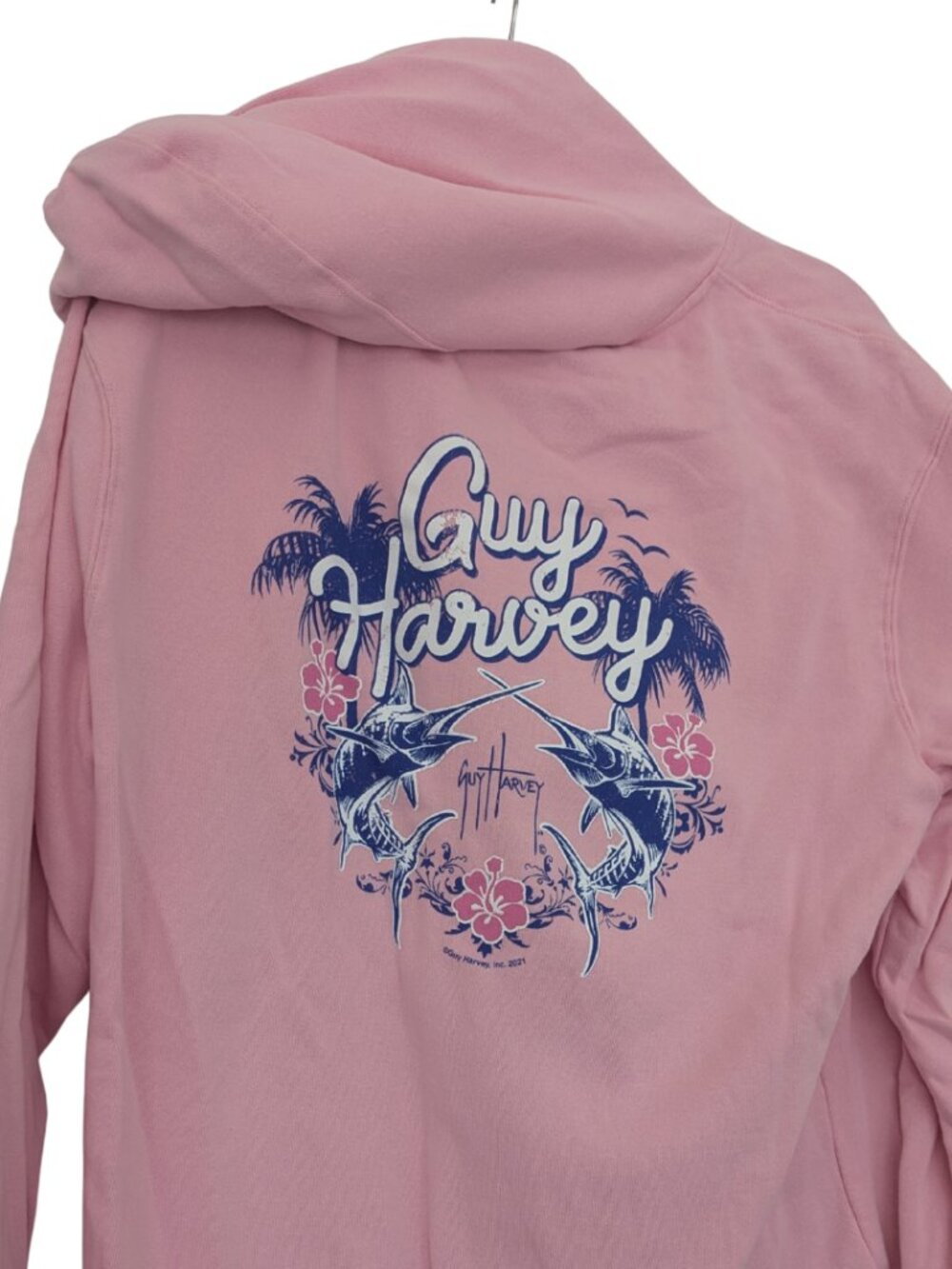 Guy Harvey Pink Graphic Hoodie Sweatshirt | Marlin & Tropical Back Print | Size